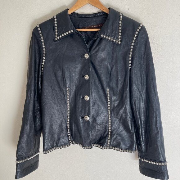 DOUBLE D RANCH Black Studded Leather Jacket with Concho Buttons; Size Medium - Picture 1 of 8